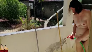 Nude Housewife Cleaning The Balcony
