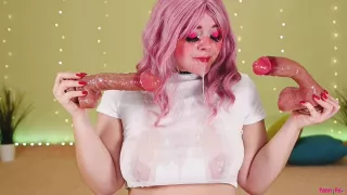 Two Big Dildos Fuck Deep That Throat Double Blowjob A Wet White T-shirt