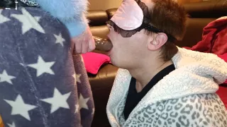 Femdom Chastity Slave Gags On Big Cock