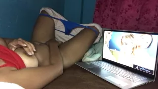 Woman Watching Lesbian Porn Moan Cumming! Hairy Pussy Masturbation