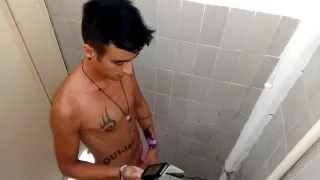 Showing Off Cock - Jerk Off In Front Of Friend In Toilet At Pool