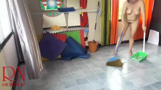 Nudist Maid Cleans The Yoga Room. A Naked Cleaner Cleans Mirrors Sweeps And Mops The Floor. S2