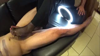 Footjob With Red Nail Polish Cum On Black Fishnet Stockings(side Cam)