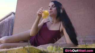 Small Titted Babe Fucks Her Hairy Cunt Outdoors