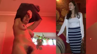 Sexy girl taking a shower with swinging tits while getting dressed