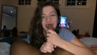 Beautiful White Chick Gives Sloppy Blowjob To Huge Black Cock