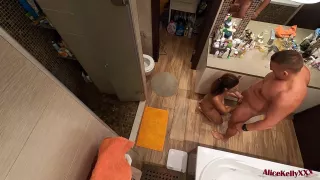 Girl Deep Sucks Cock In The Bathroom Fucks In Different Poses And Receives Cumshot On Pussy