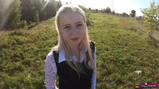Beautiful teen schoolgirl mouth and pussy fucked on the way from school
