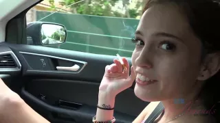 Petite teen brunette, Brooke Haze likes to rub her pussy in the car and pee a bit
