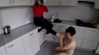 chastity belt. He made a footjob to his mistress, pegging