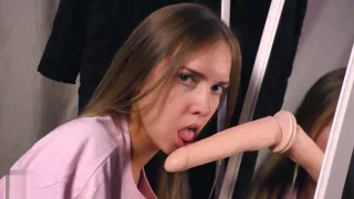 Big ass teen Victoria sucking dildo near mirror