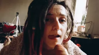 Cute girl make passion blowjob lick balls suck cock and take cum in mouth.