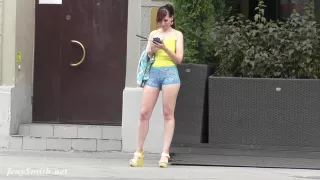 Jeny Smith walks in public with transparent shorts. Real flashing moments