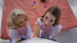 Two bunnies fucking huge dick