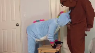Bear fucks unicorn onesie girl tied to chair