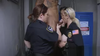 Three desiring cops share a big black cock