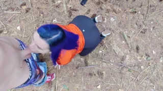 Bluehair Haylo sucks friend's cock in the woods