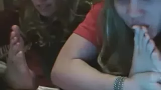 Blonde foot girl ropes her friend into self sucking toes with her on cam