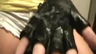 Lexi spits on leather gloves