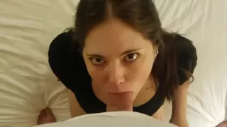 Intense eye contact brunette blowjob and facial