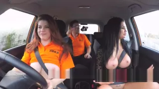 Threesome public in driving school car