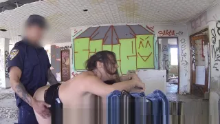 Busty babe sucks cops dick in secluded area