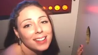 Brunette Amateur Taking Cumshot On Tits Through Glory Hole