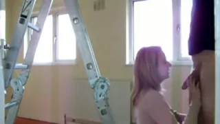 British slut wife gets bent over the stepladder and fucked