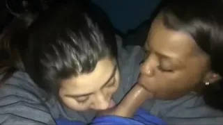 Latina and black hottie sucks stranger's cock until he nuts in the mouth