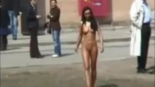 European girl walks naked in public