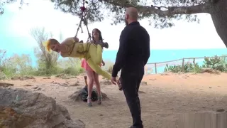 Hottie in yellow tights bound outdoor