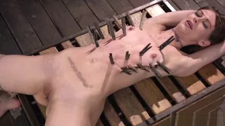 Hogtied redhead gags monster dildo