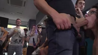 Busty Euro babe rides cock in public