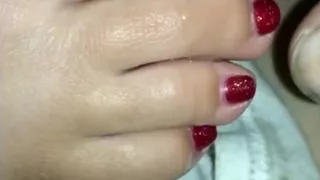 Cumshot down my pretty red toes