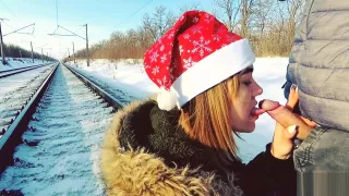 Winter outdoor amateur blowjob on the railway