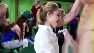 Horny eager sluts sucking on stripper cock at their cowboy party