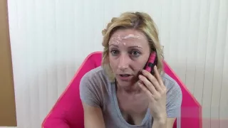 Blonde on Phone Gets Facial and Ignores Dripping Cum