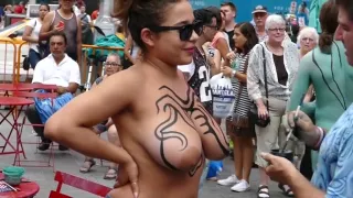 Big tits girl public body painting