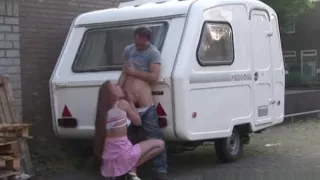 Blonde girl blows cock of tourist outside her house for money