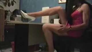 Crossdresser in office with homemade sex machine