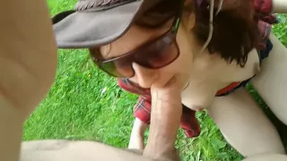 Milk enema, blowjob and peeing outdoors.
