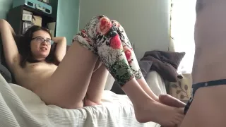 Wife wearing glasses and leggings getting fucked by husband in g-string