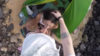 shescreamsinsilence deepthroat me in a public beach and i cum on her face!