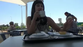 Flashing in a public cafe on a busy street, Masturbation and orgasm.