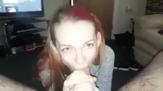 Skinny redhead give sloopy deepthroat and intense ball eating (GAGGING)