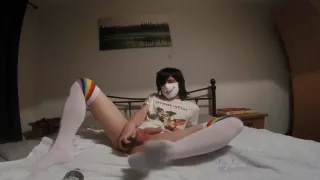 Horny femboy jerks cock and plays with toys