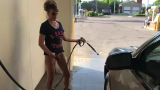 Milf Great Ass In Heels As Cars Drive By Outdoor Carwash