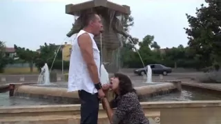 Public public sex threesome by a fountain