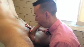 Cumming home from work, twink rides dick in shower