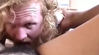 Bearded amateur guy licks his girlfriends hairy pussy